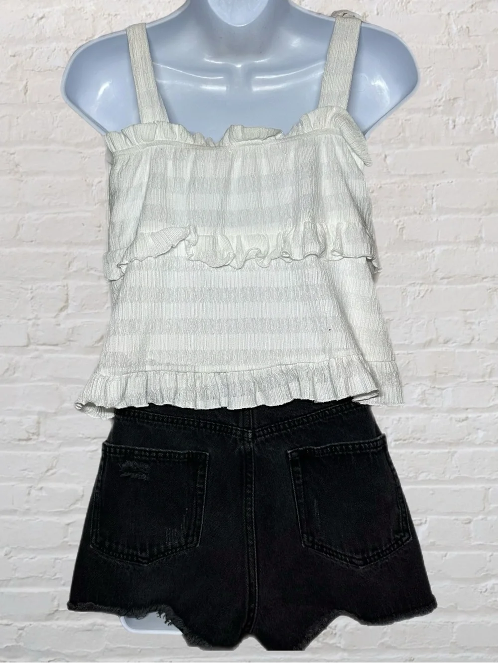 Altar’d State White Stretch Tie Strap Babydoll Roche Tiered Top in Size XS